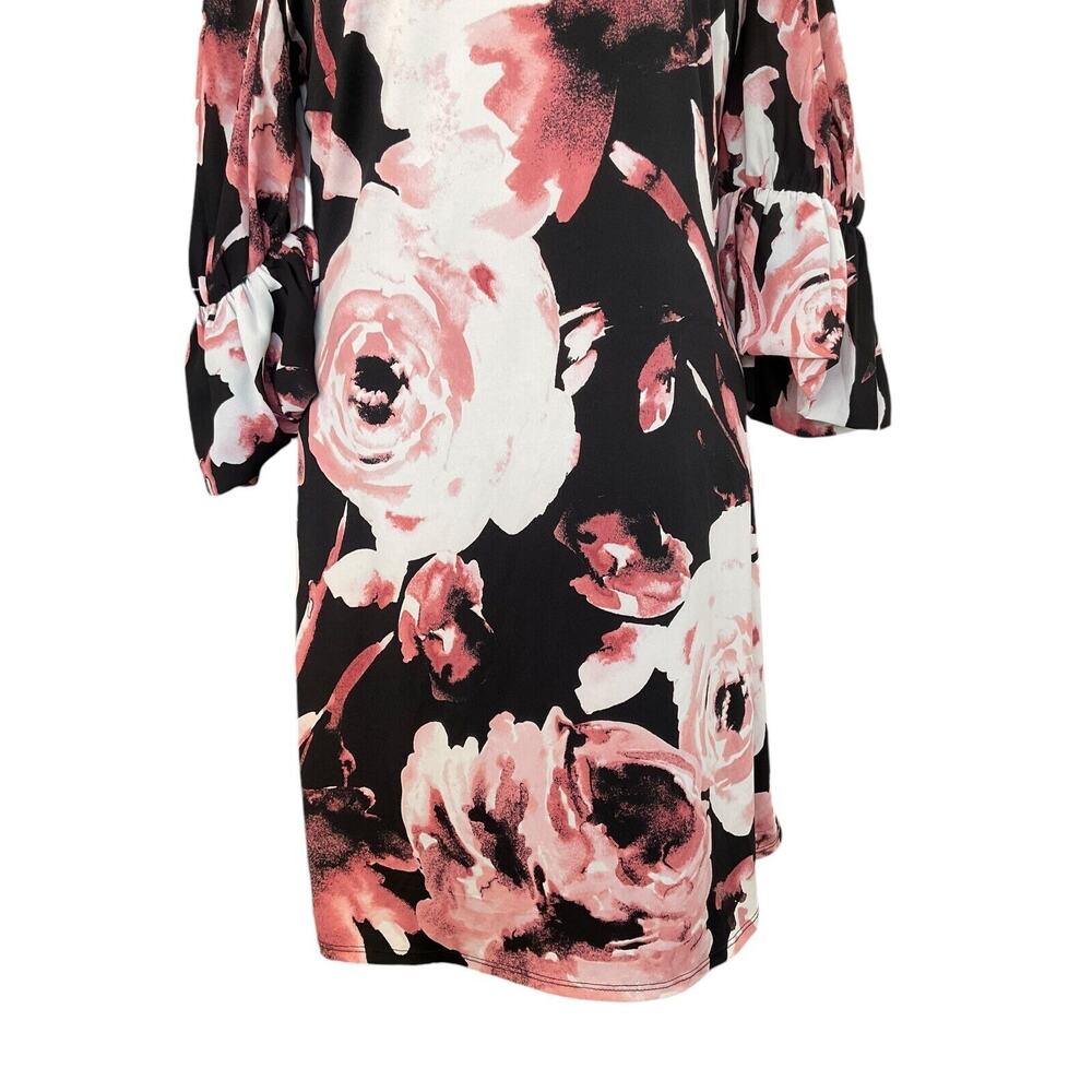Cato L Black Pink Floral Puff Sleeve Dress Polyester Spandex Keyhole Back - Picture 13 of 13
